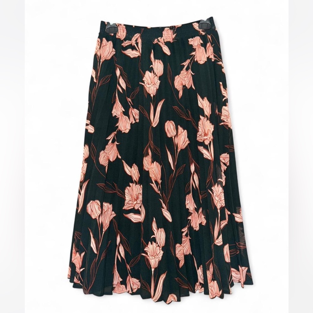 A New Day Deep Green and Pink Floral Midi Skirt